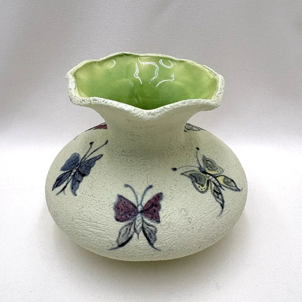 Vintage Hand Painted Textured Green Ceramic Artisan Vase With Butterflies